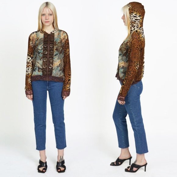 Y2K Cheetah Leopard Zip Up Hooded Sheer Top - Picture 2 of 3